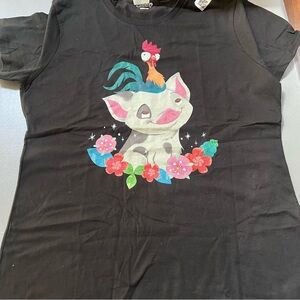 Disney Moana HeiHei Rooster Pua Flowers Women’s Adult Medium Black T-Shirt New